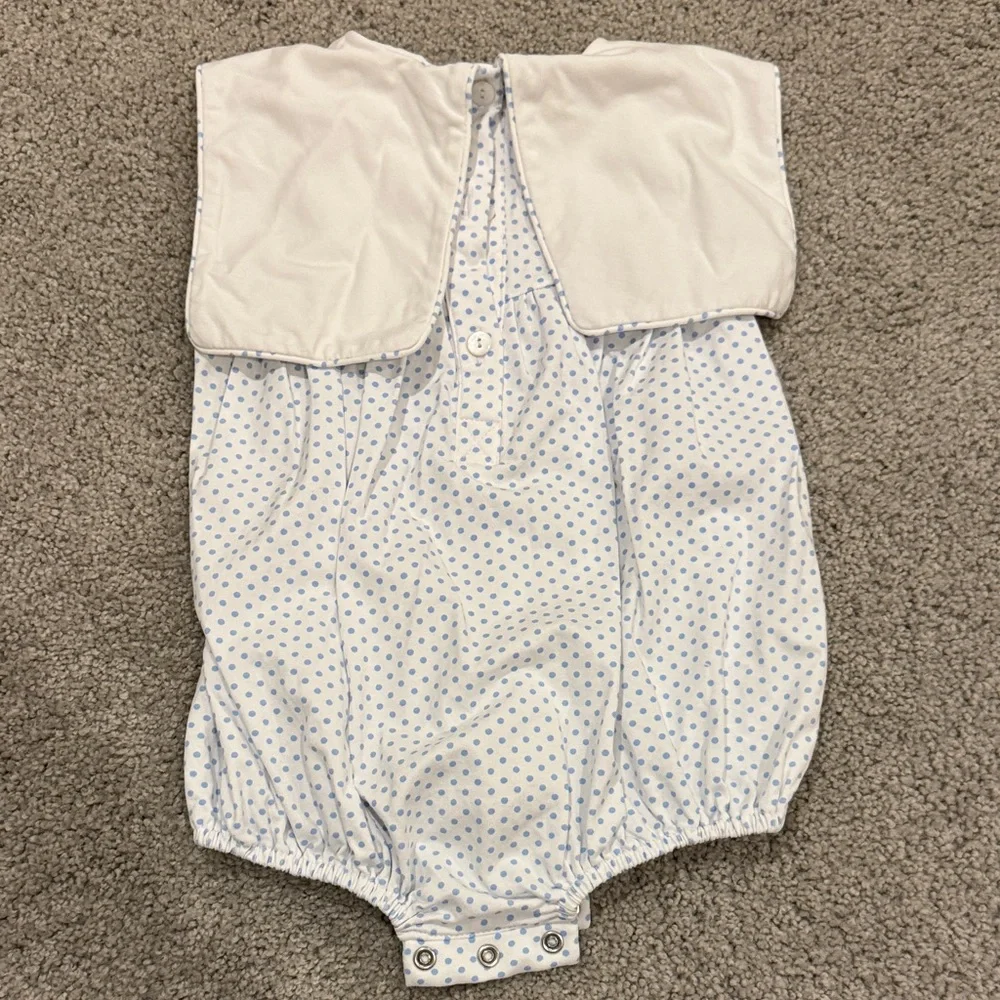 Classic White & Blue Polka Dot Baby One-Piece with Navy Appliqué - Picture 3 of 3